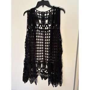 Black lace Cotton Knit Crochet Vest Cover Up Women's XL by Questions Boho